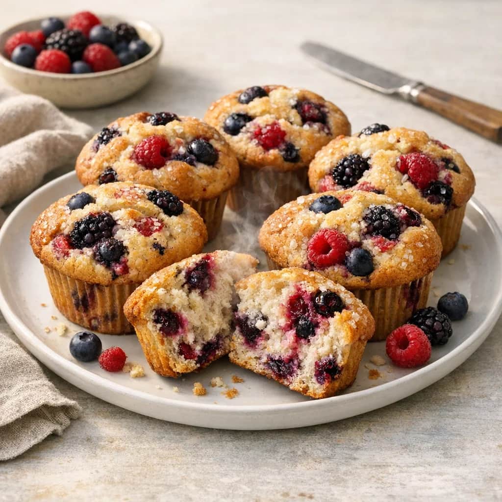 Triple Berry Muffins - Tender, moist muffins studded with a mix of blueberries, blackberries, and raspberries. Perfect for breakfast or a snack.