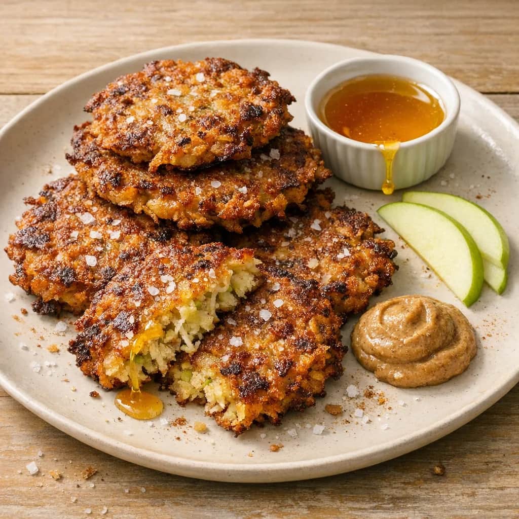 Apple Fritters - Apple fritters made with grated green apples, eggs, flax meal, coconut flour, and shredded coconut. Fried in coconut oil and served hot with optional honey and/or almond butter.
