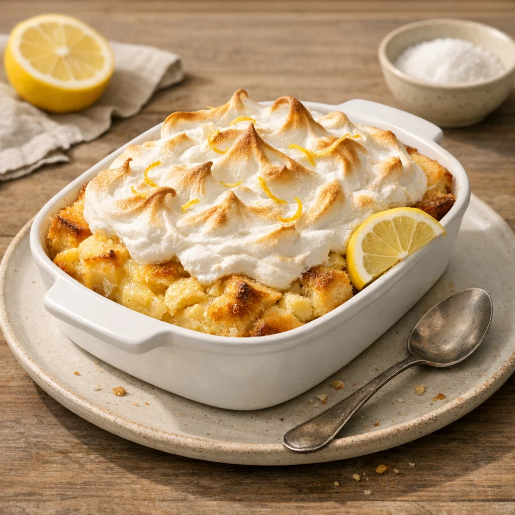 Lemon Bread Pudding - A tangy, creamy bread pudding flavored with fresh lemon juice and zest, then topped with a light meringue. Perfect for lemon lovers and makes a bright, elegant dessert.
